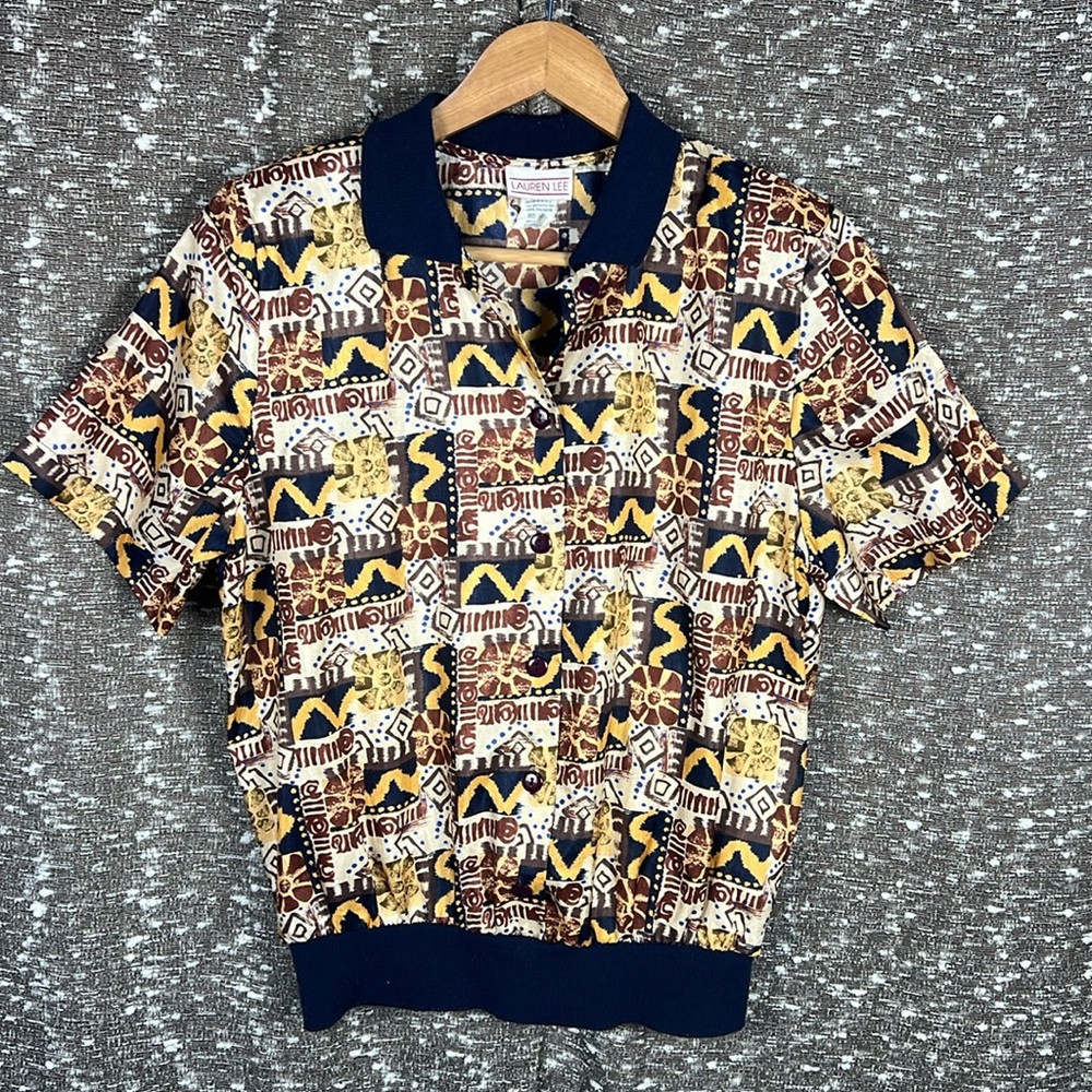 Lauren Lee Vintage 80s Short Sleeve Abstract‎ Blouse Made in USA Size 10